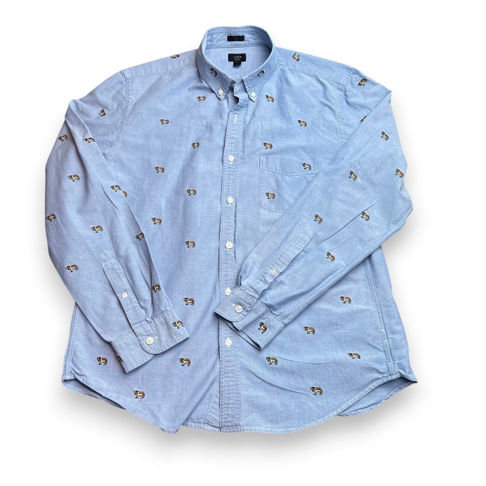J Crew Slim Oxford Button Down Shirt Men Large Blue Embroidered Bulldog  Preppy
